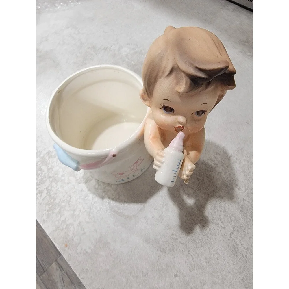 Vintage Lefton Baby Planter Wearing Diaper Kitschy Milk Pail
